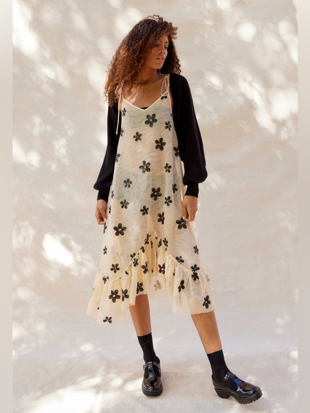 Urban Outfitters Everly Sequin Slip Layering Cream Sheer Floral Dress | Size SP